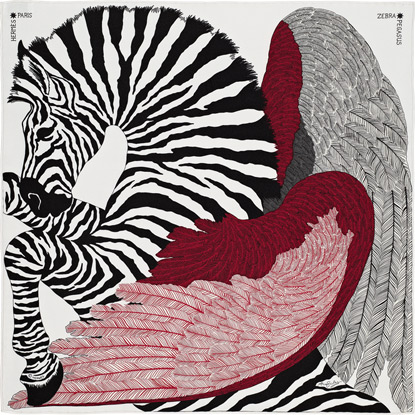 Sold at Auction: Hermes Paris Scarf, with zebra pegasus design, signed  Alice Shirley 34 1/2 x 34, with box.